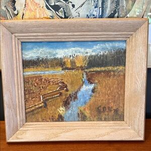 Rustic Landscape oil  Painting with Wooden Frame signed